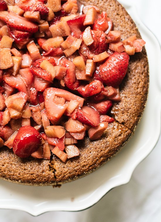 Almond cake with roasted strawberries and rhubarb - cookieandkate.com