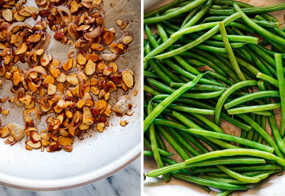 almonds, shallots and green beans