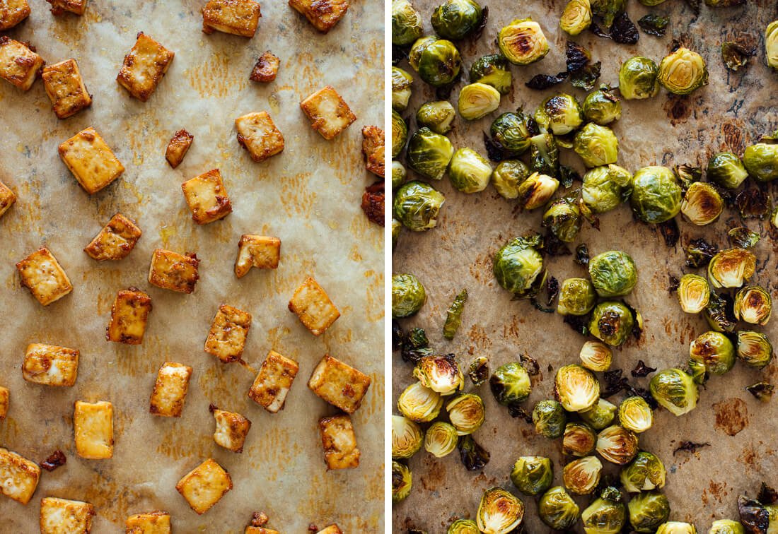 baked tofu and Brussels sprouts