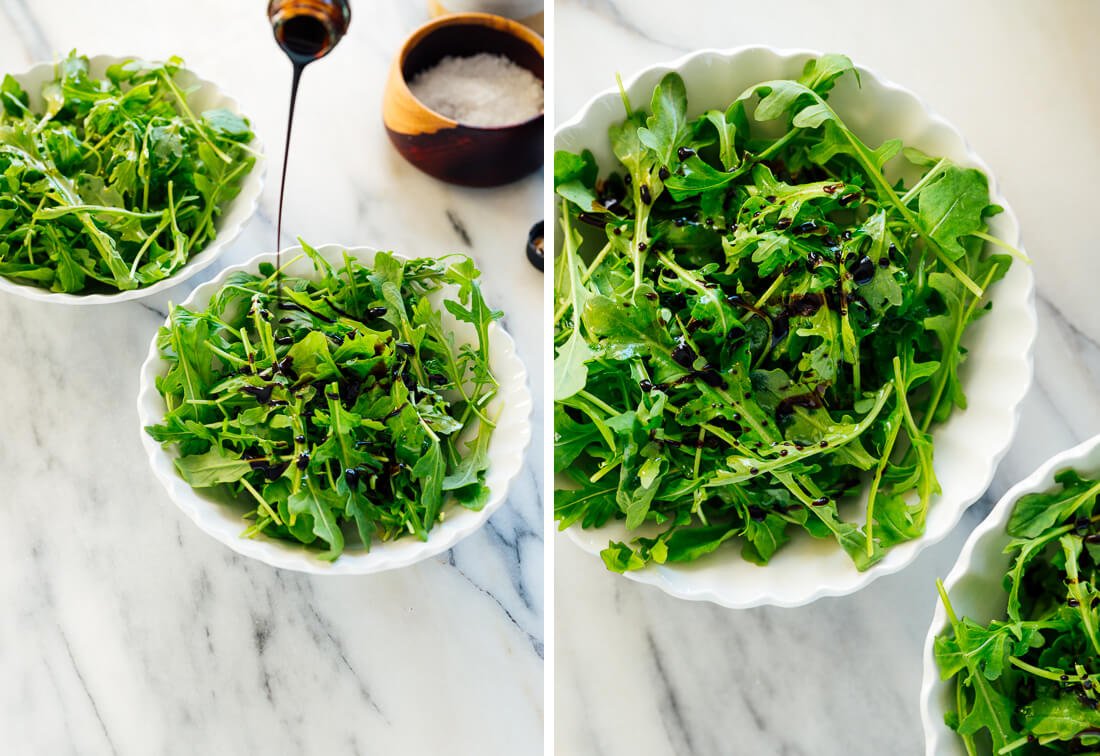 balsamic drizzle on arugula salad