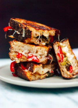 Balsamic roasted broccoli, red pepper and onion grilled cheese sandwiches