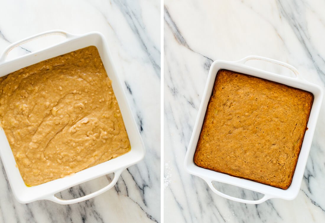 banana cake before and after baking