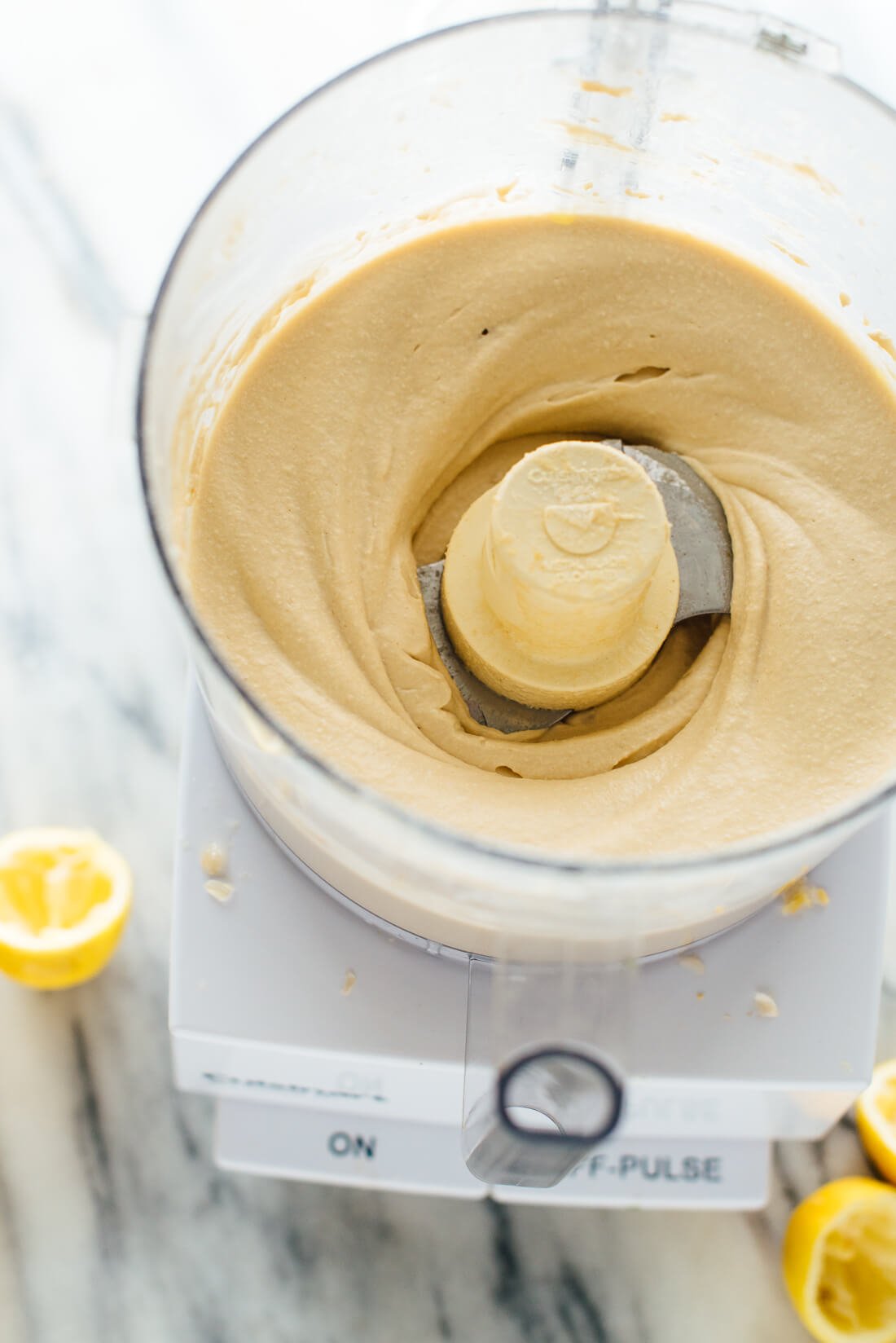 best hummus, shown in food processor