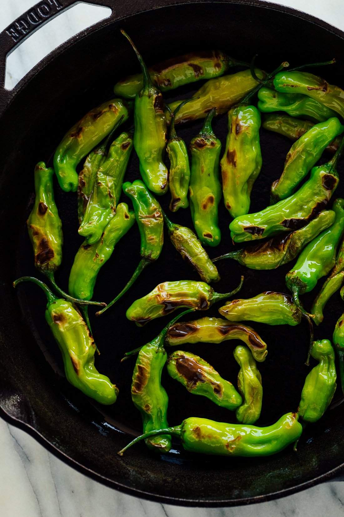 blistered shishito peppers in skillet