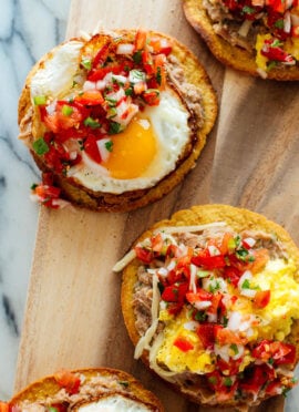 breakfast tostadas with refried beans and pico de gallo