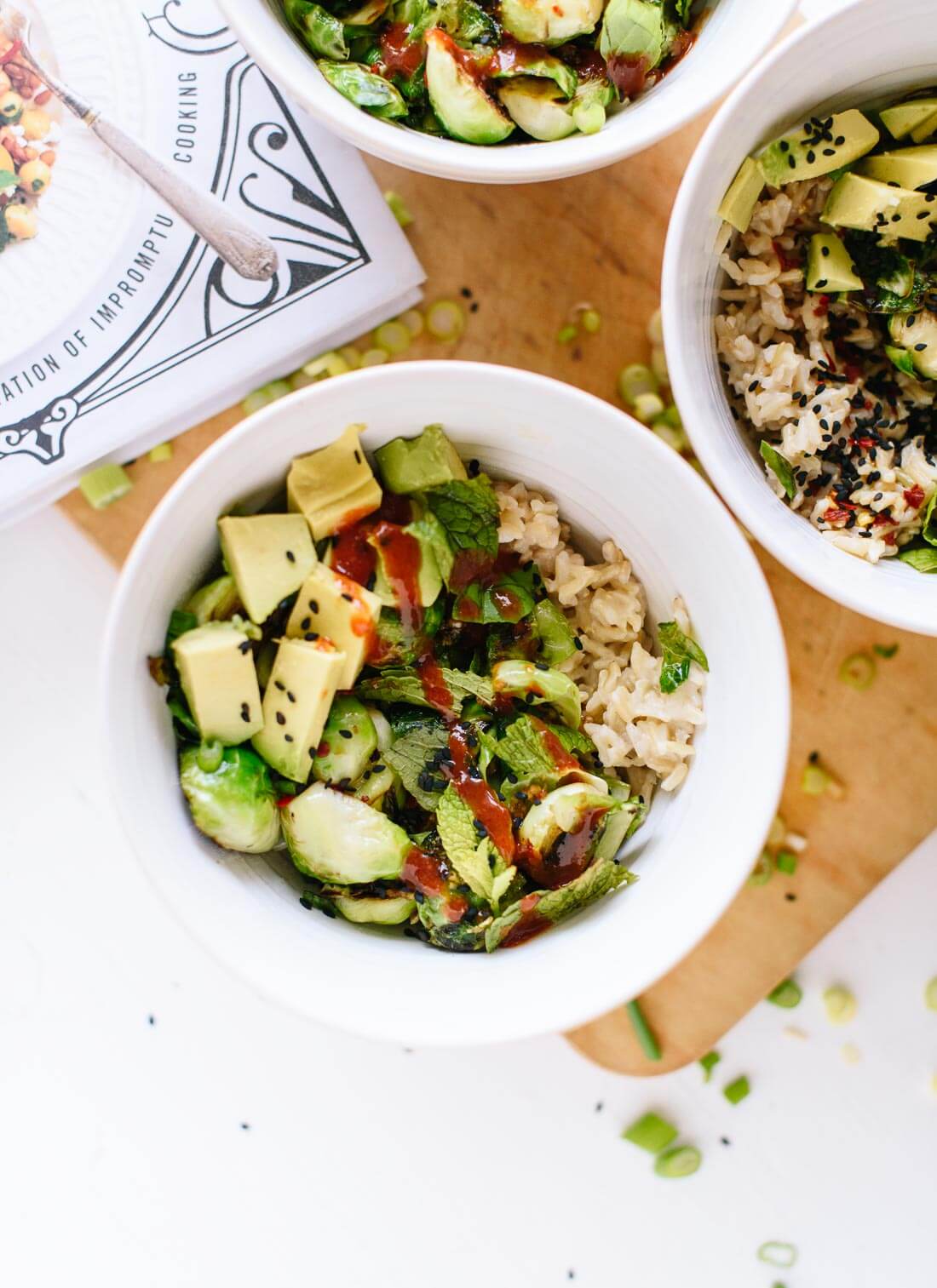 Quick Brussels sprouts and coconut rice recipe with a spicy, Thai-flavored soy sauce! cookieandkate.com