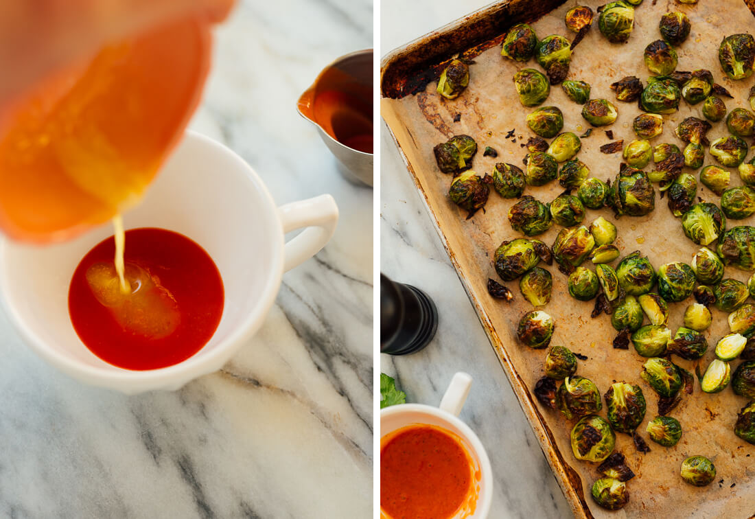 Buffalo sauce and roasted Brussels sprouts