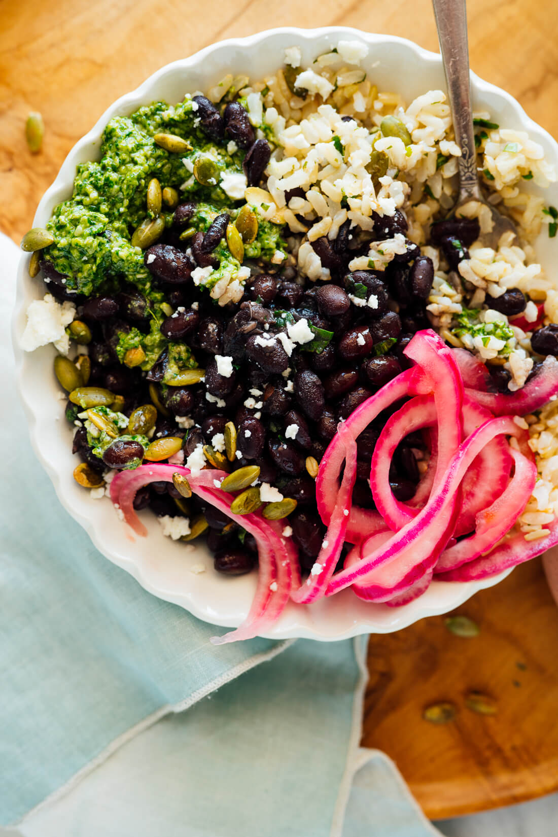 burrito bowl with cilantro hemp pesto