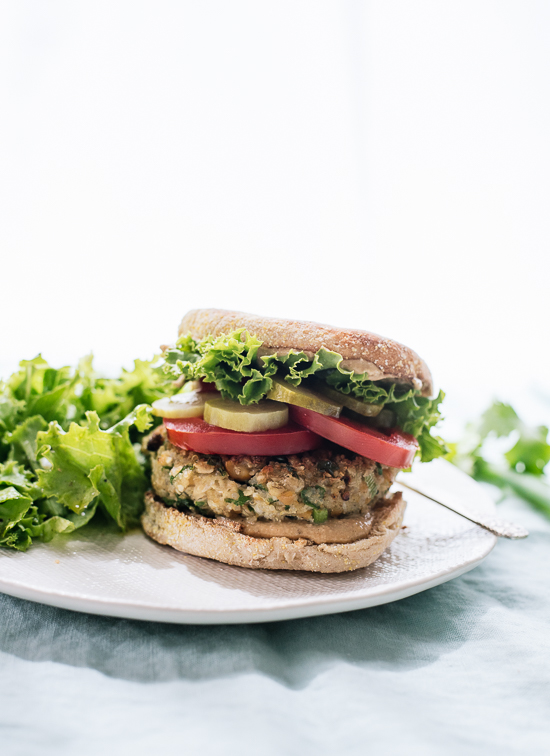 Falafel veggie burgers, lightened up with cauliflower for the perfect texture! cookieandkate.com