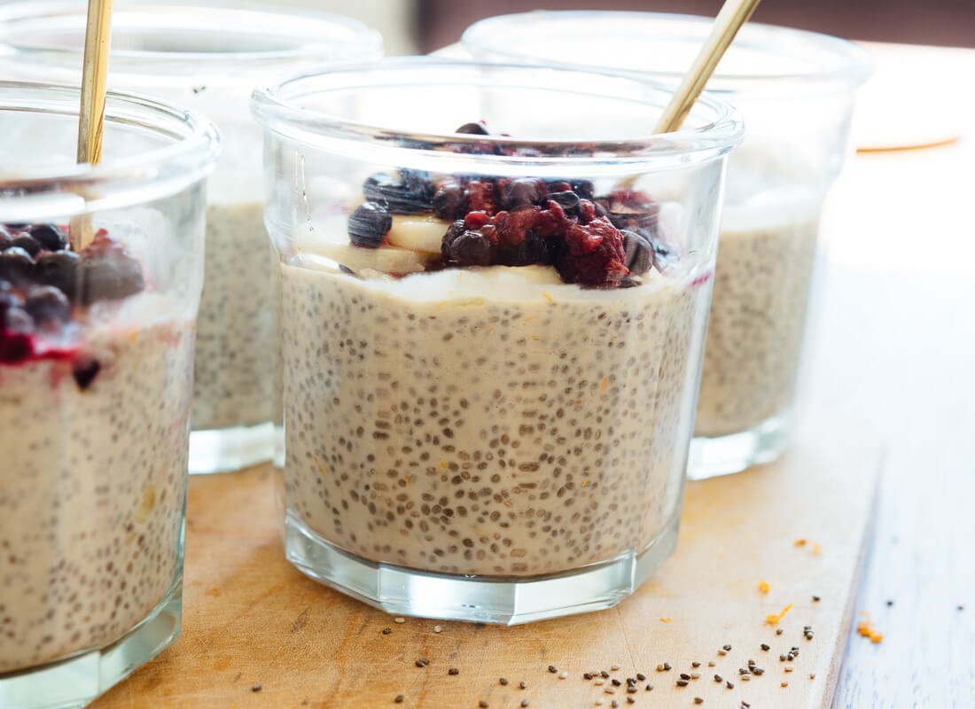 Chia pudding made with cashew milk, orange zest and vanilla extract