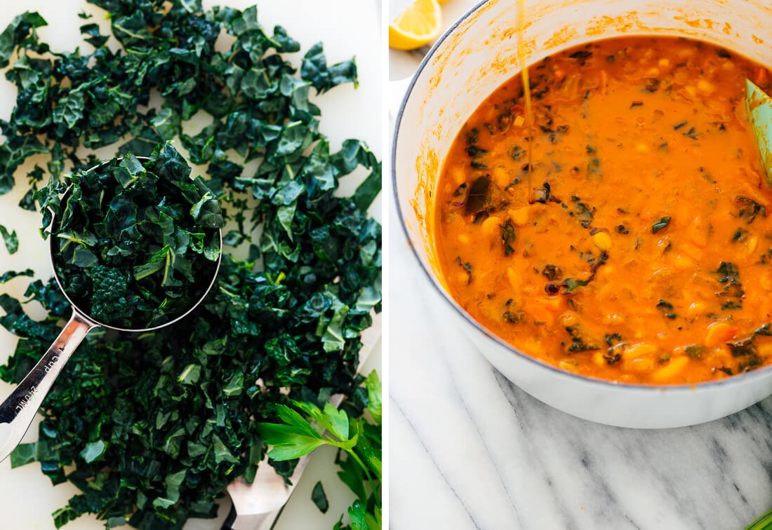 chopped kale and olive oil for soup