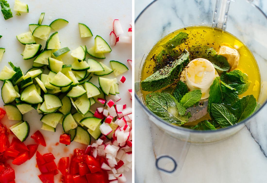 chopped vegetables and dressing