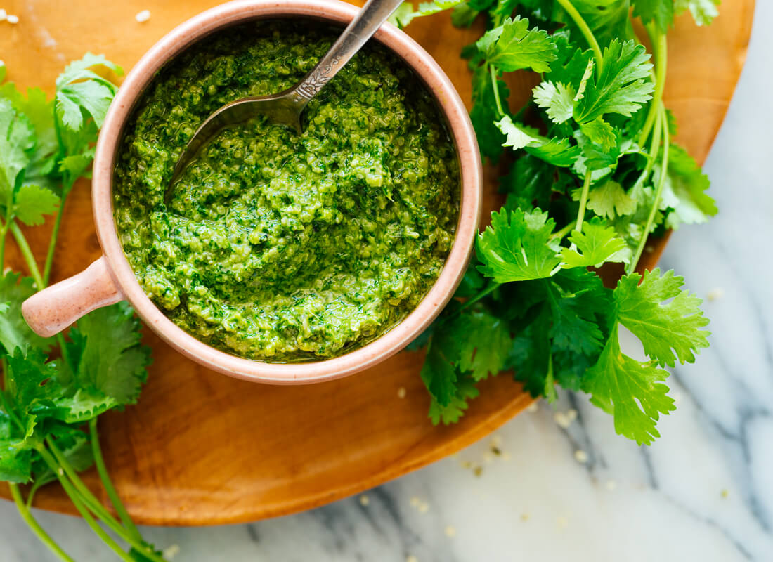 cilantro hemp pesto in bowl