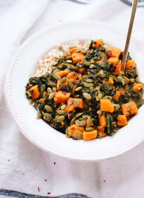 Coconut curried kale and sweet potato (or butternut) and rice - cookieandkate.com