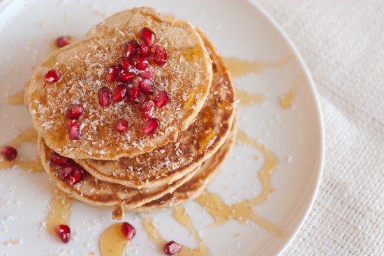 coconut pancakes with pomegranate arils