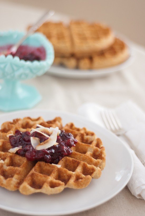 coconut waffles with cranberry sauce