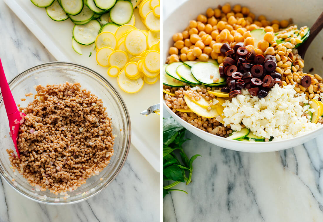 cooked couscous with feta, olives and squash