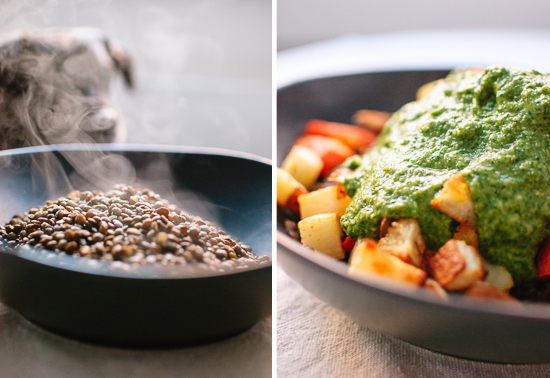 cooked lentils, roasted vegetables and gremolata