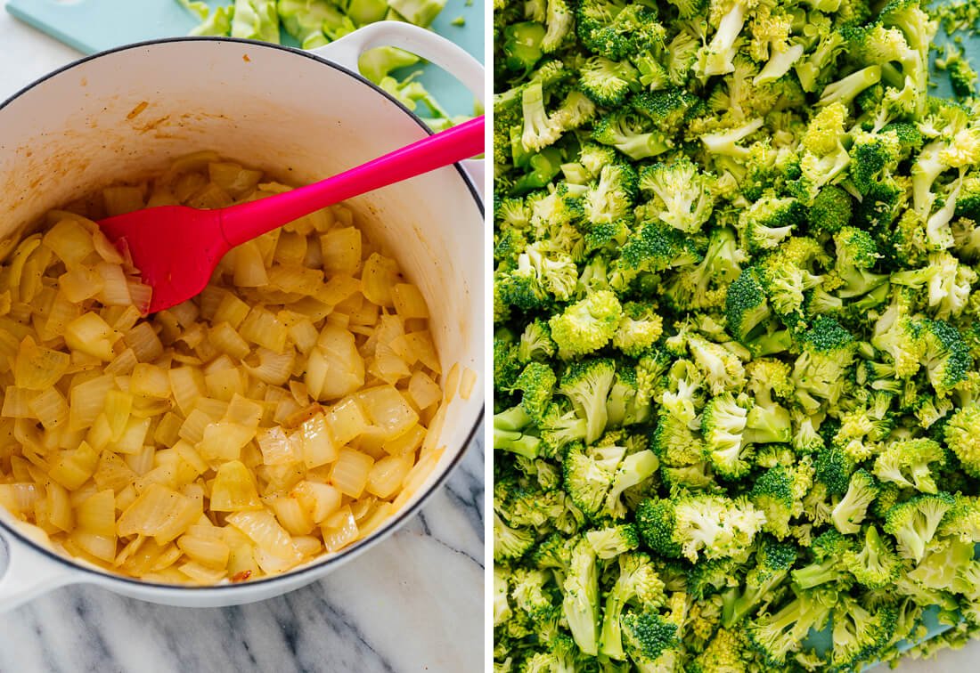 cooked onions and chopped broccoli