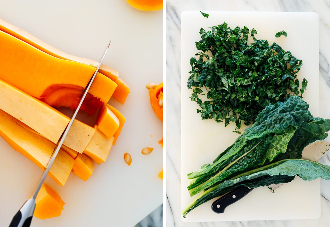 cubed butternut squash and chopped kale