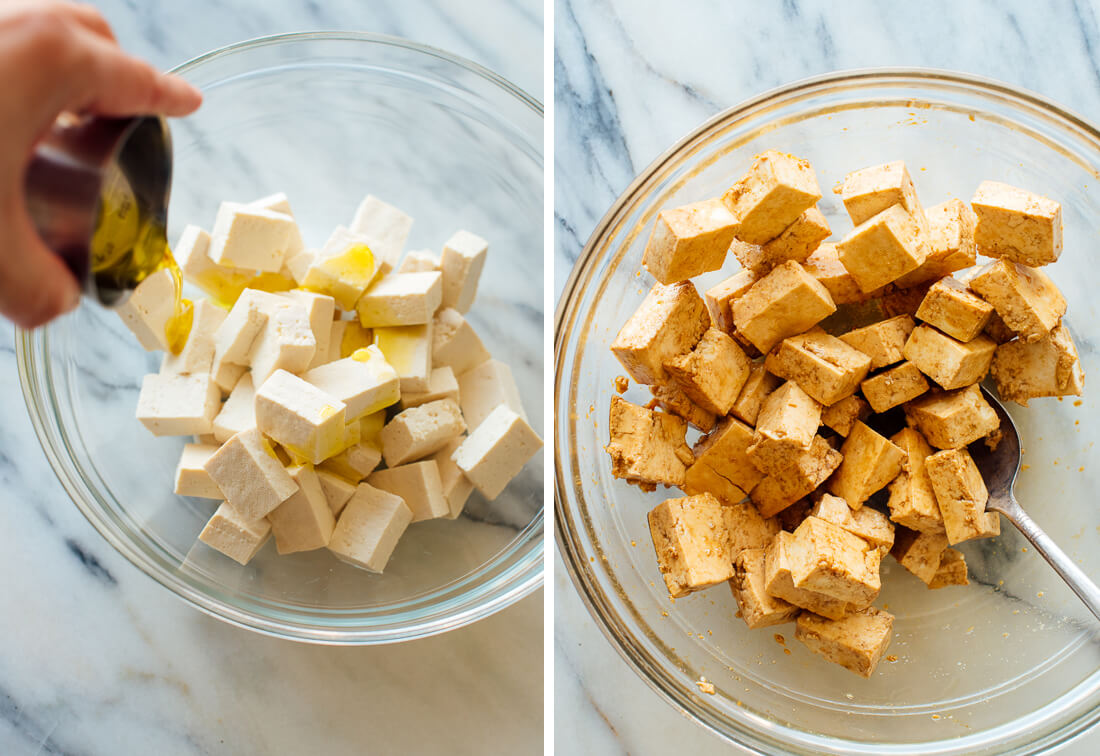 cubed tofu tossed in tamari, oil and cornstarch