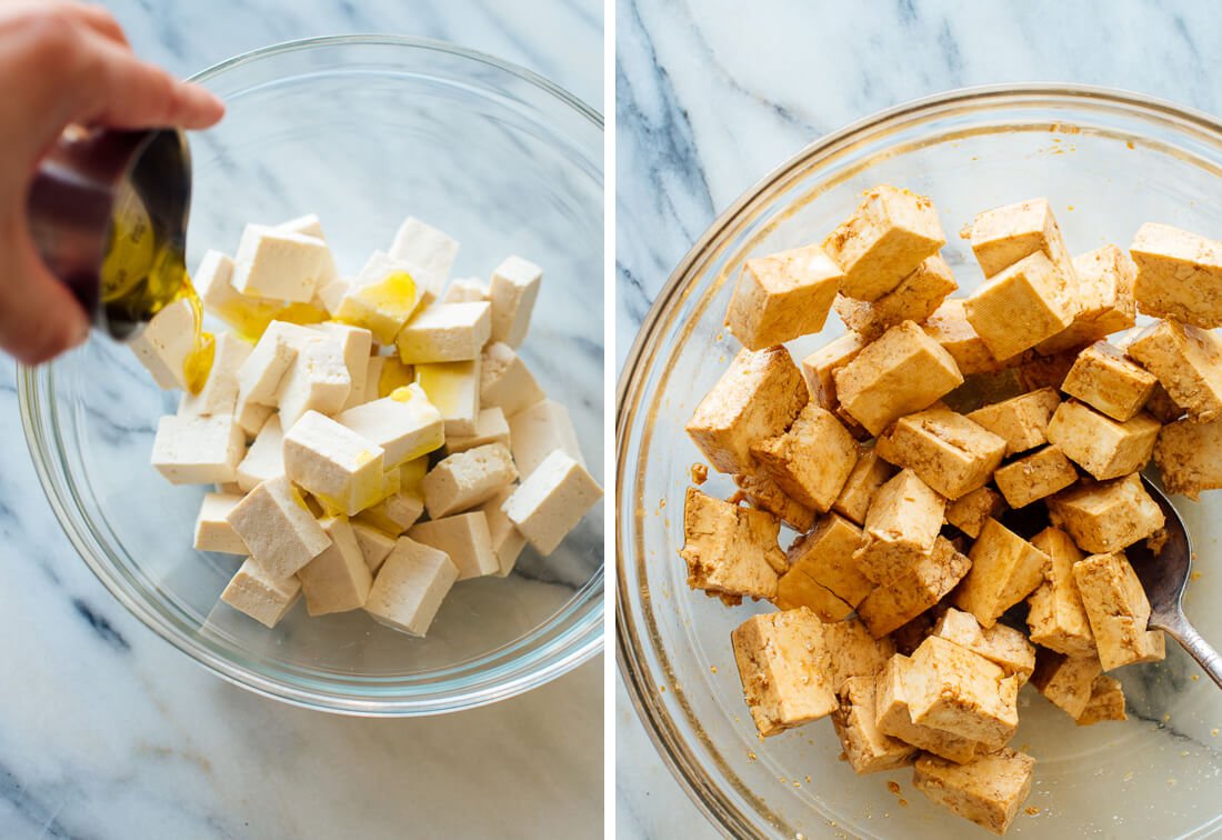 cubed tofu tossed in tamari (soy sauce, oil and cornstarch (or arrowroot starch)