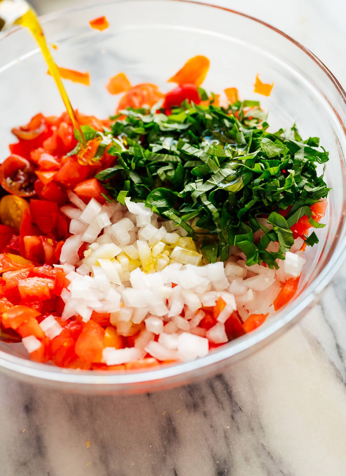 diced tomatoes, onions and basil with olive oil