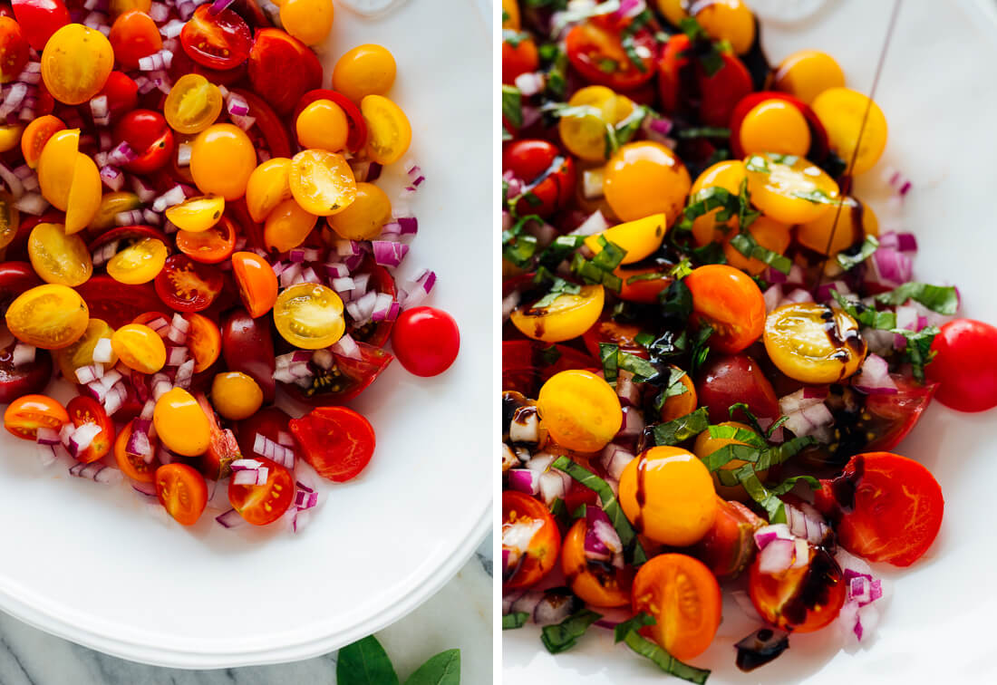 drizzling balsamic vinegar over tomatoes