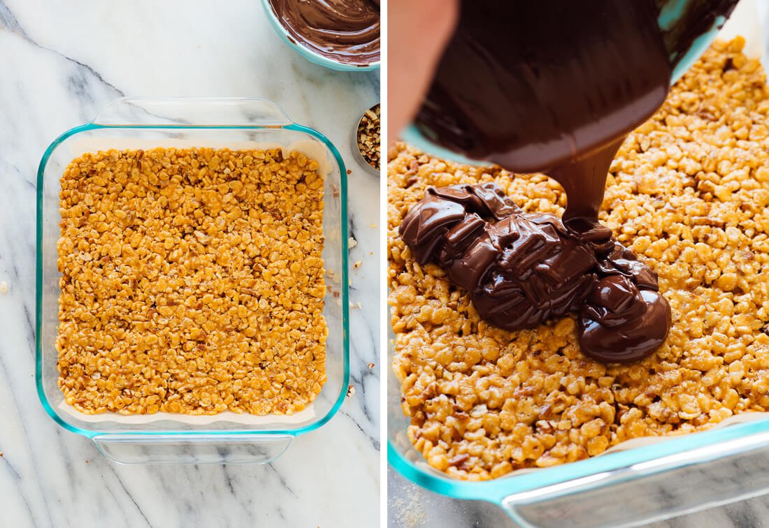 drizzling melted chocolate over crispy bars