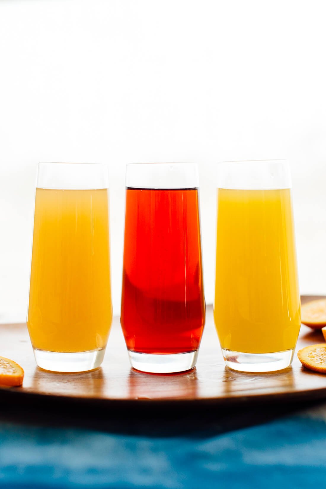 easy mimosa variations (pear mimosa, pomegranate mimosa and orange mimosa)