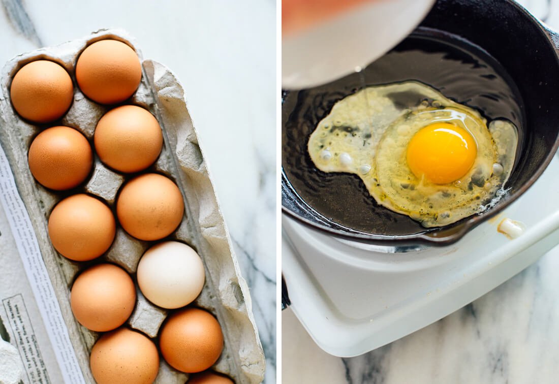 egg in hot skillet with olive oil