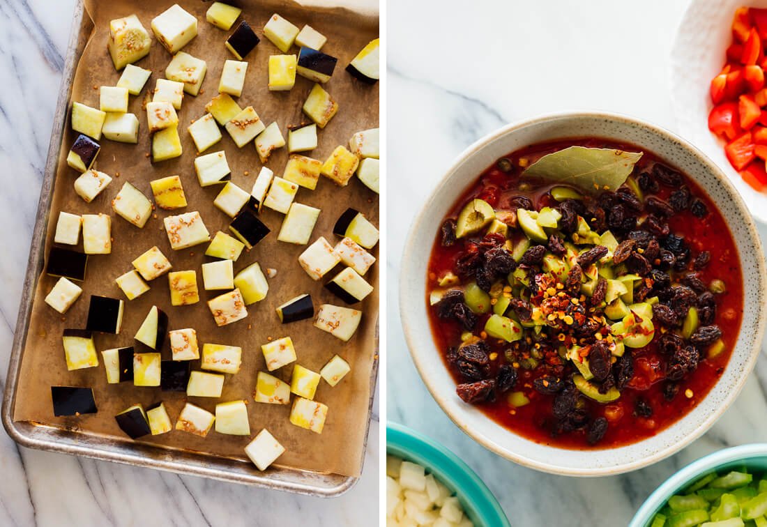 eggplant, capers, olives, raisins, tomatoes