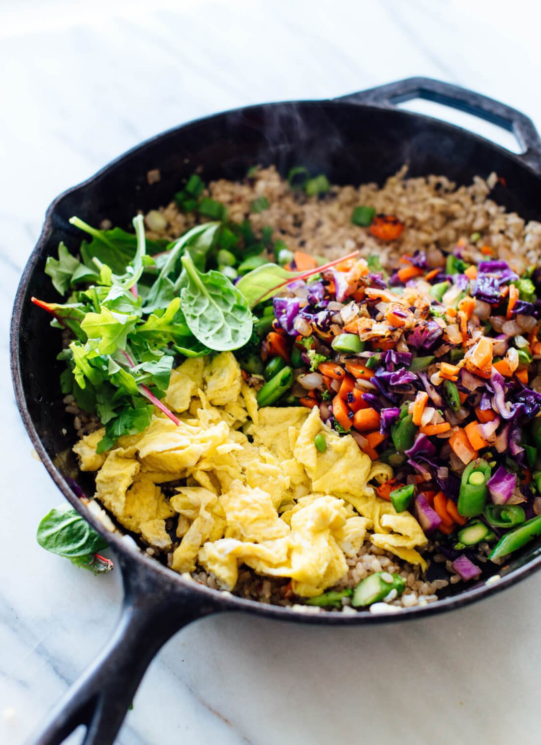 Colorful, delicious, extra vegetable fried rice! This is a beautiful and easy dinner recipe. cookieandkate.com