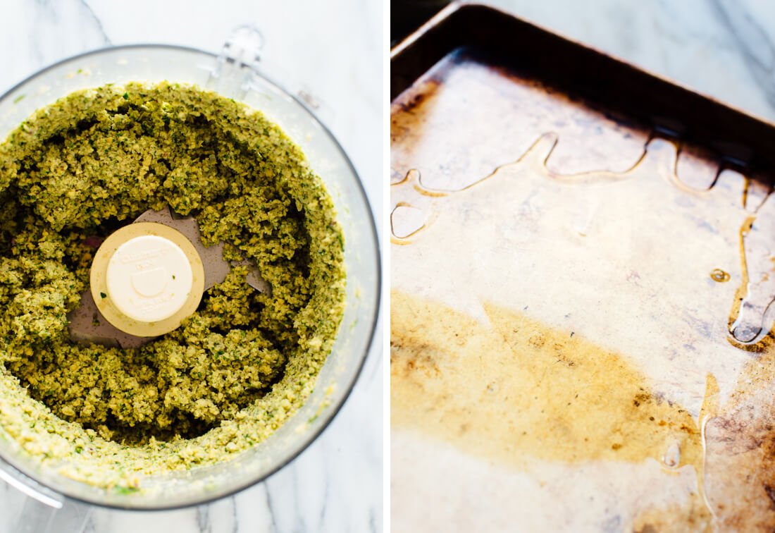 food processor with falafel mixture and sheet pan coated with olive oil