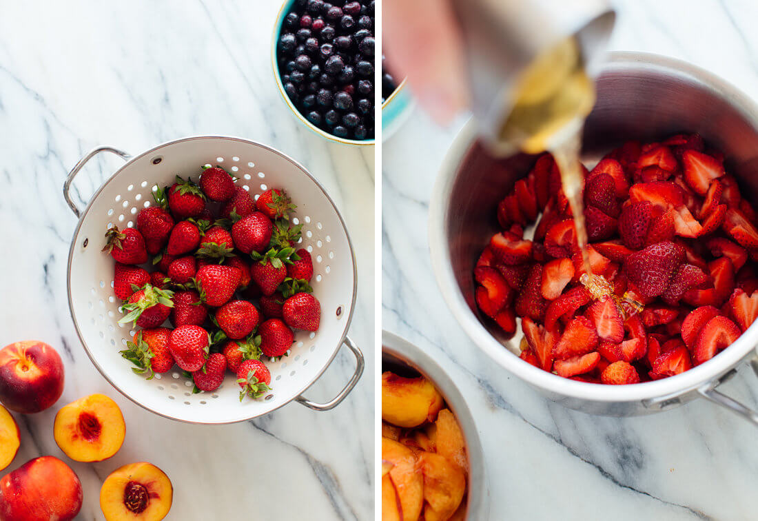 Fruit for compote (strawberries, peaches and frozen blueberries)