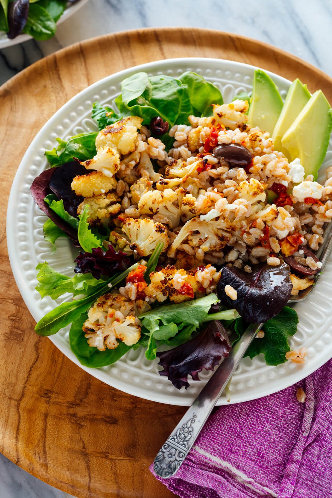 Greek cauliflower farro avocado salad recipe