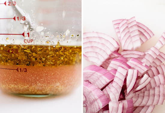 Greek salad dressing ingredients and red onion