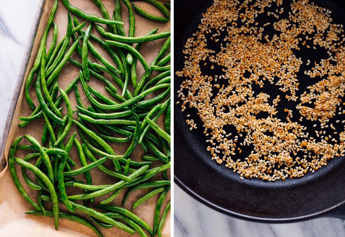 green beans and sesame seeds