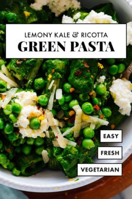 green pasta with kale, ricotta and peas