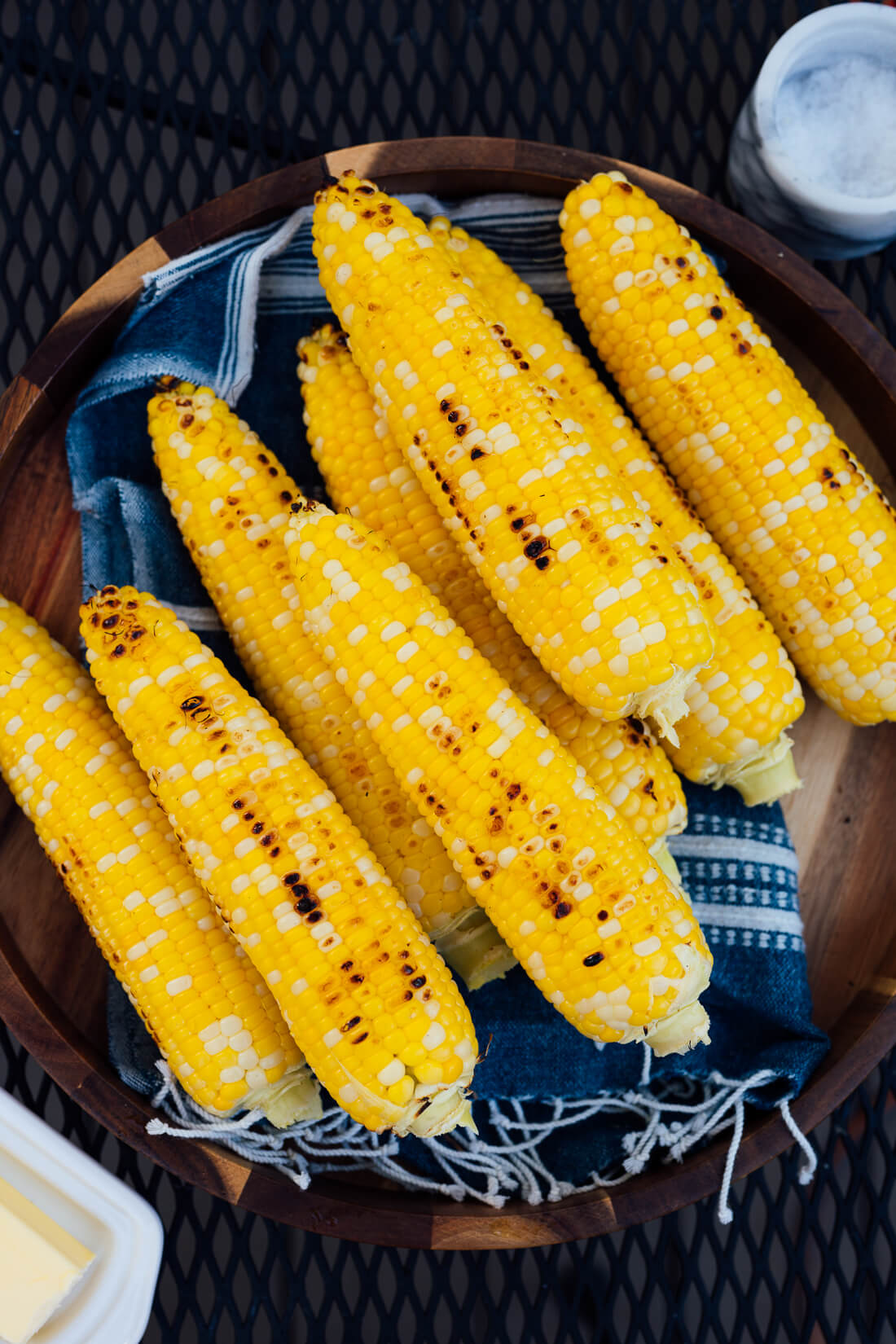 grilled corn on the cob with butter and salt on the side