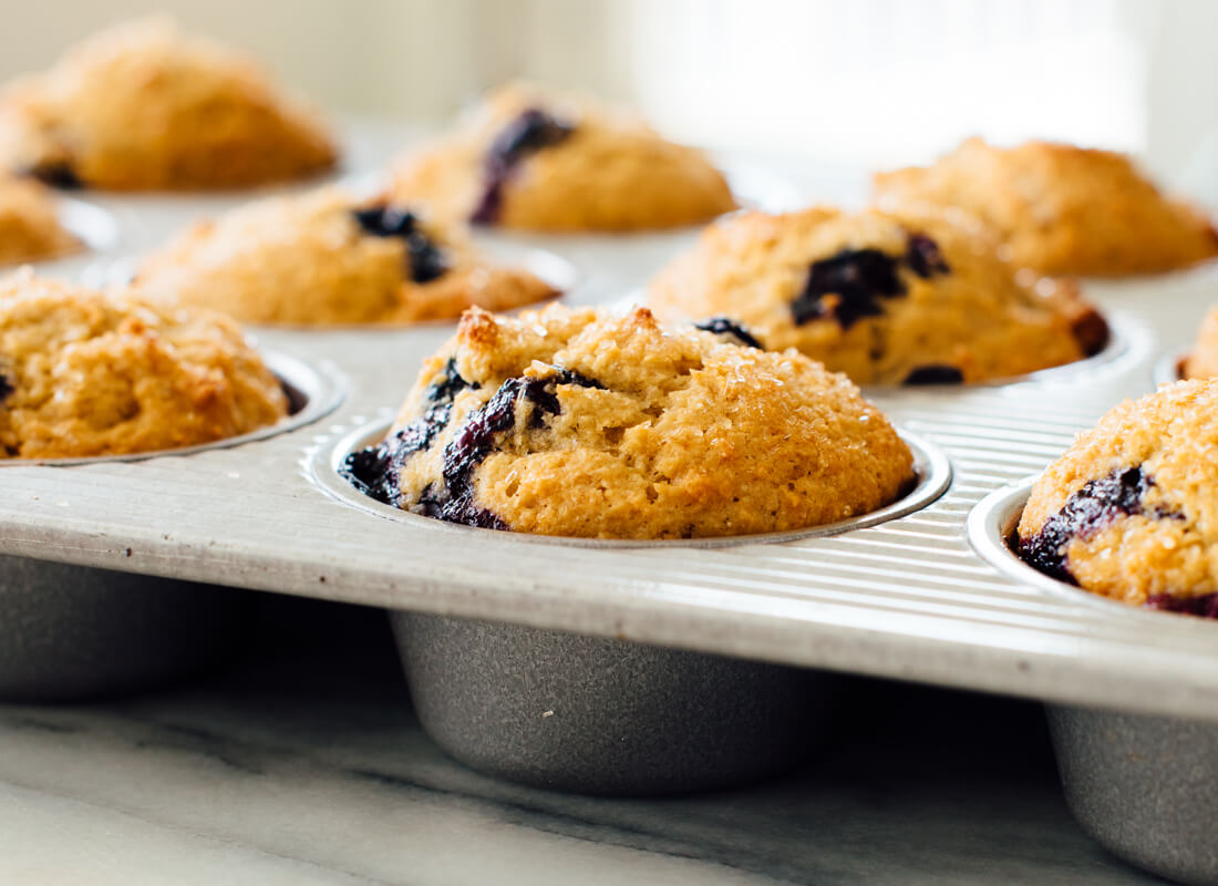 healthy blueberry muffins - side angle