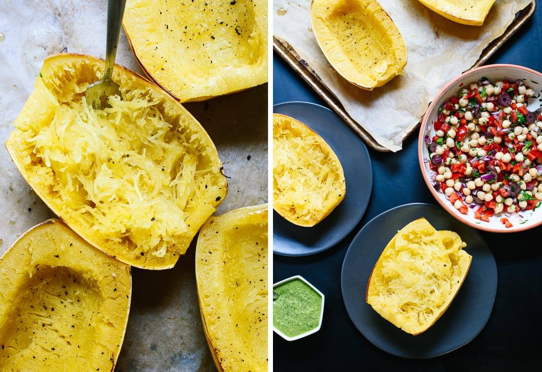 how to make Mediterranean spaghetti squash bowls