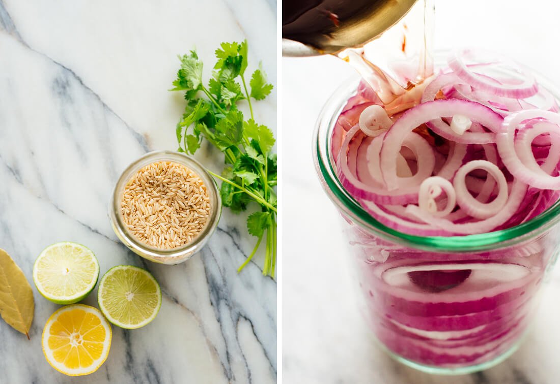 ingredients (rice, lime, cilantro, red onion)