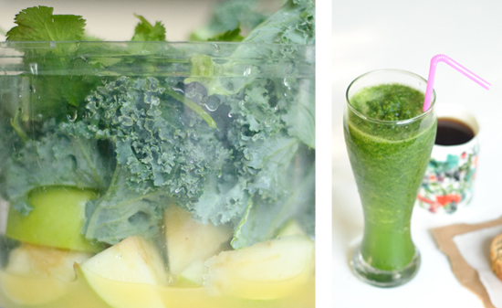 ingredients for kale, apple and cilantro smoothie