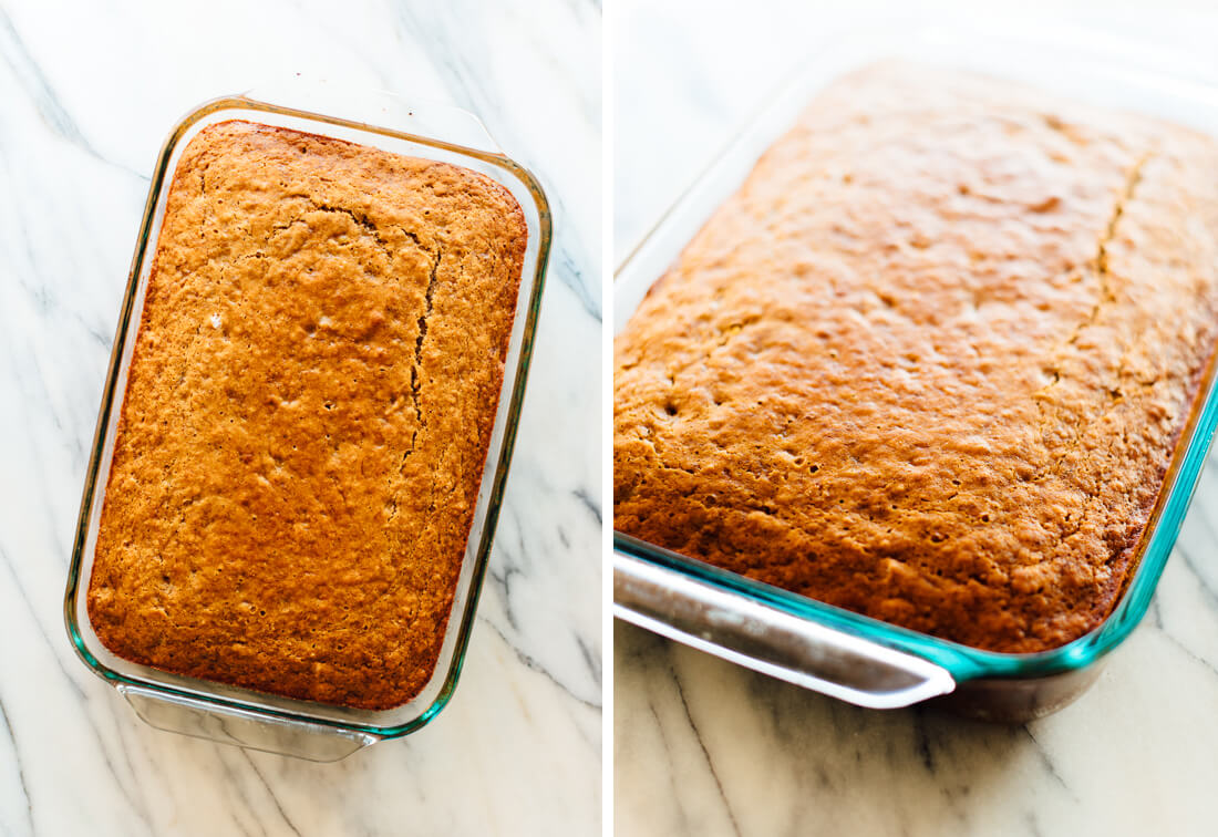 large banana cake baked in 13x9" pan