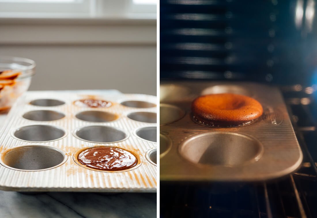 lava cakes before and during baking