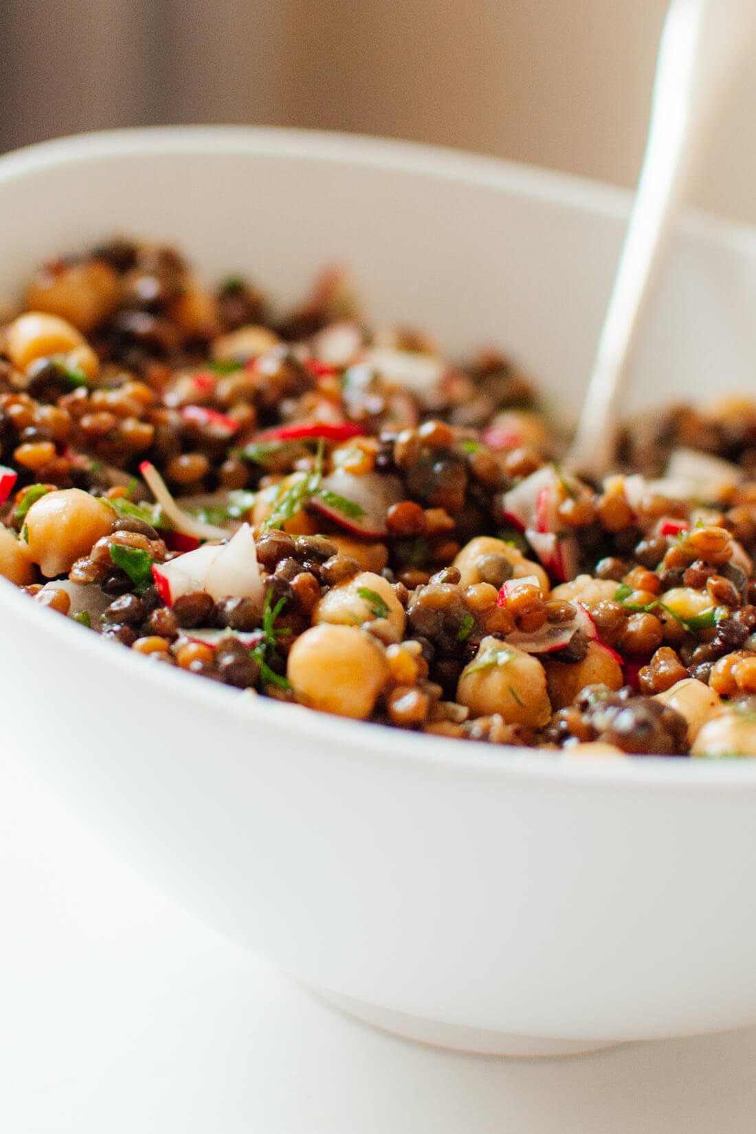 Lemony lentil and chickpea salad with radish and herbs