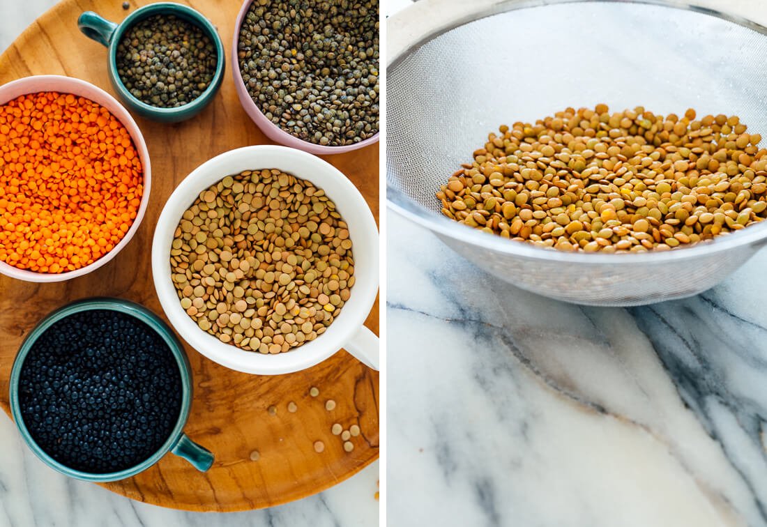 lentil varieties before cooking (featuring regular green lentils, red lentils, French green lentils and black beluga lentils)