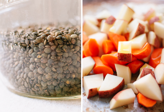 lentils and prepared vegetables