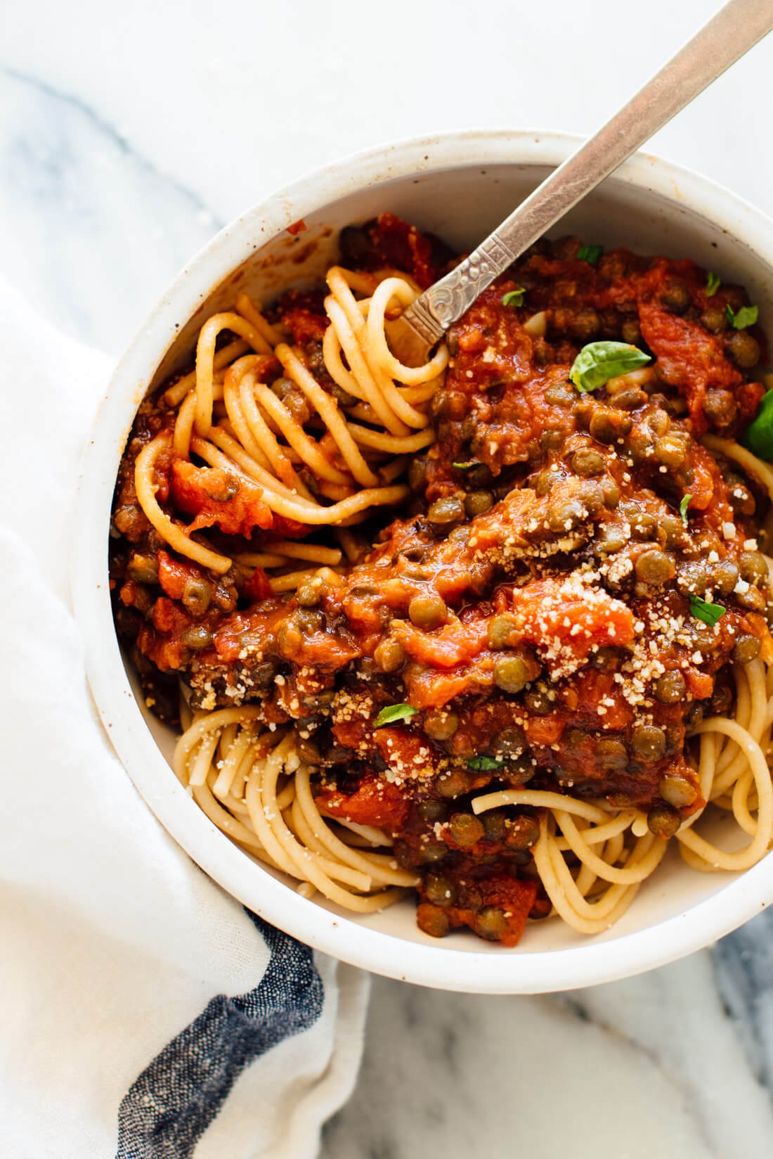 lentils with marinara sauce and pasta with twirled fork